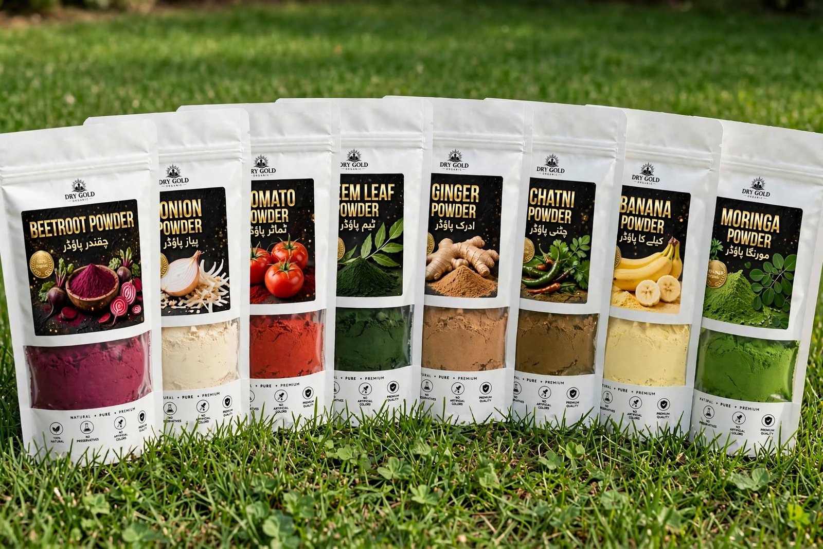 Dry Gold Organic product pouches lined up on grass